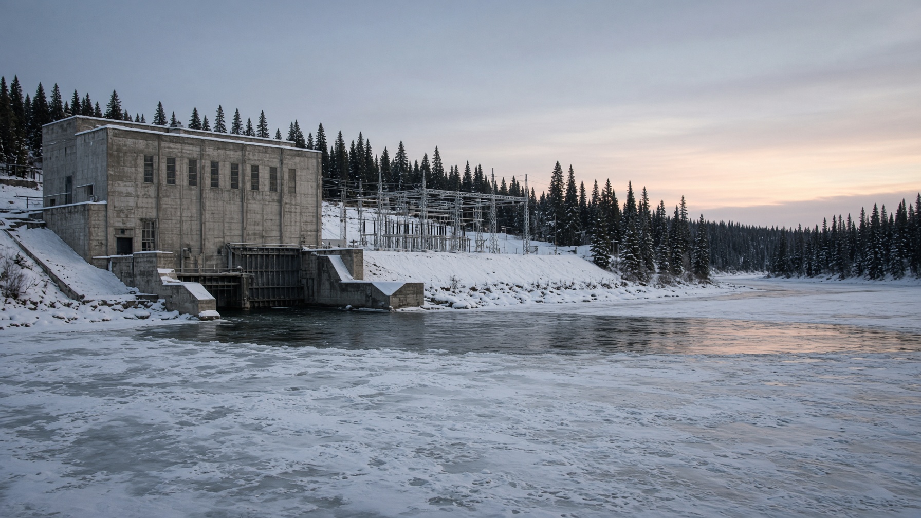 Hydroelectric facility in winter