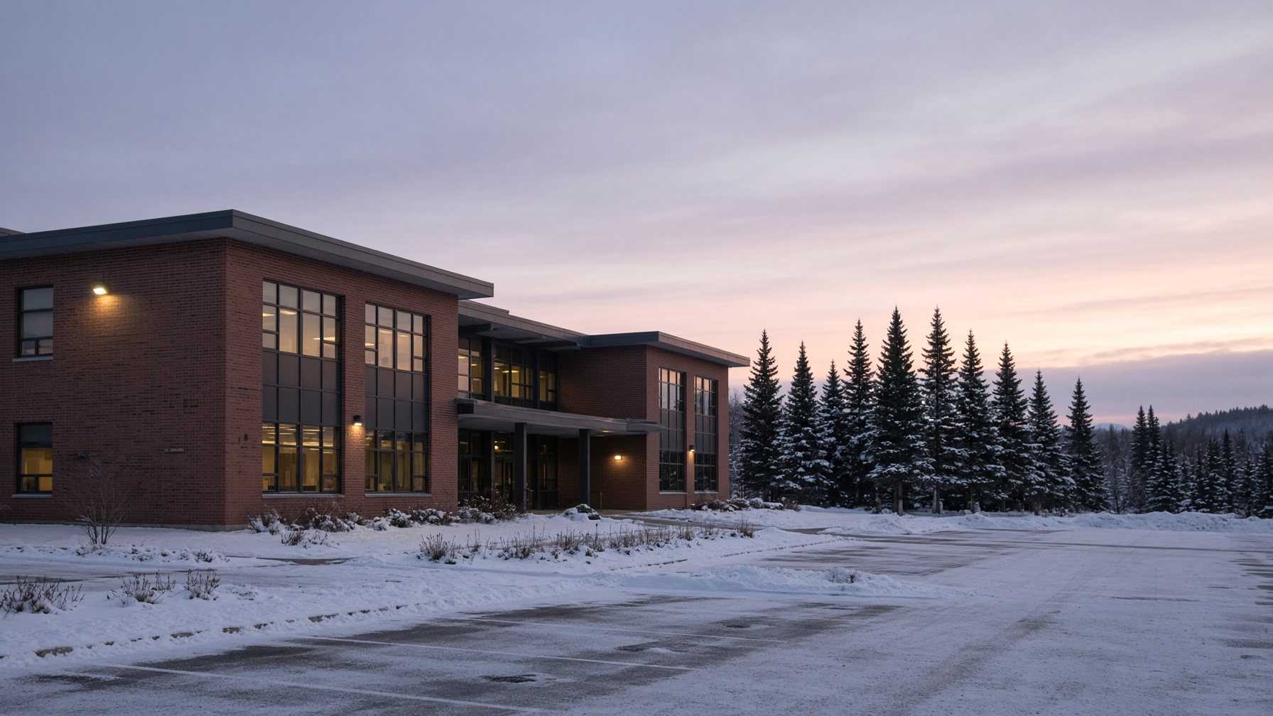 Hospital exterior at winter dusk