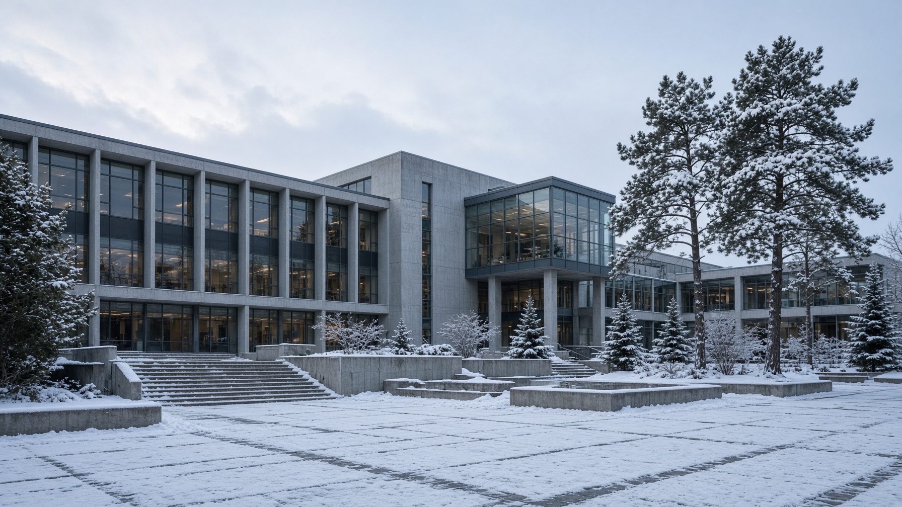 University research building in winter
